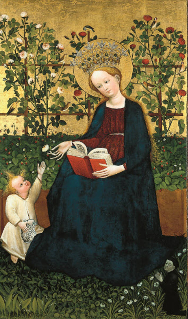 Medieval painting with Mary and Child Jesus in a garden. Mary is sitting on the ground dressed in a blue robe and reading a red book. She has long, loose hair and wears a big crown. Child Jesus stands at her side. There is a stand behind Mary and two rose bushes with birds on its branches. The background is a golden colour in the top part of the picture.